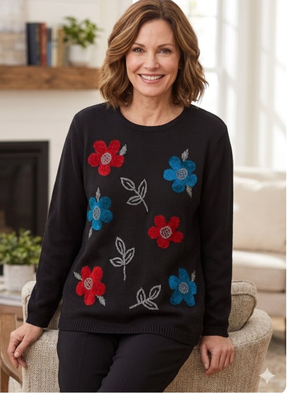 Vintage Alfred Dunner Black Beaded Floral Knit Sweater Size XL